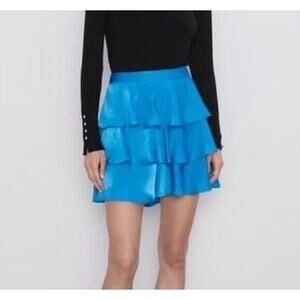 Zara Ruffle Tiered Satin Effect Lightweight Mini Skirt Zip Closure Back S Blue